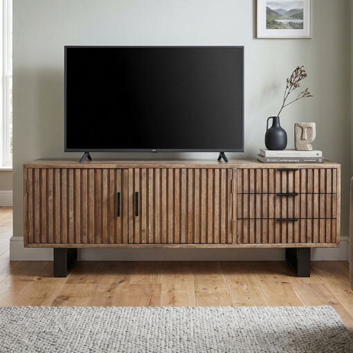 Rustic Industrial Solid Dark Sustainable Rubber Wood And Black Metal 3 Drawer 2 Door Large TV Stand Low Sideboard 150cm