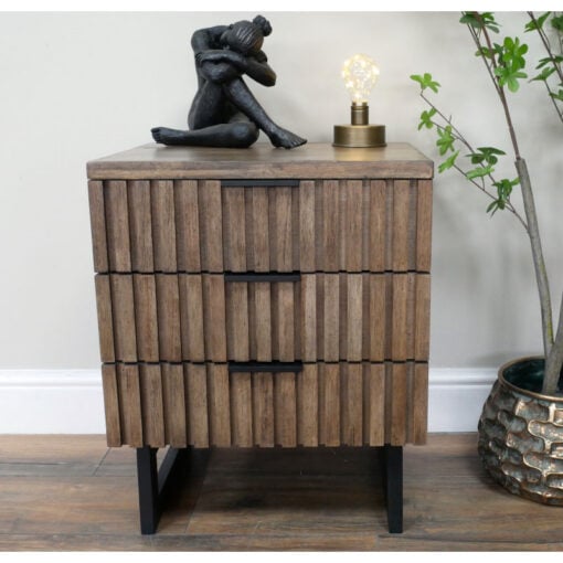 Rustic Industrial Solid Dark Sustainable Rubber Wood And Black Metal 3 Drawer Carved Slatted Bedside Cabinet