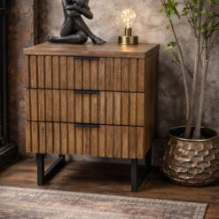 Rustic Industrial Solid Dark Sustainable Rubber Wood And Black Metal 3 Drawer Carved Slatted Bedside Cabinet