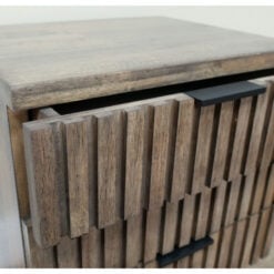 Rustic Industrial Solid Dark Sustainable Rubber Wood And Black Metal 3 Drawer Carved Slatted Bedside Cabinet