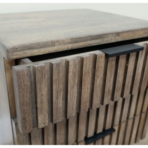 Rustic Industrial Solid Dark Sustainable Rubber Wood And Black Metal 3 Drawer Carved Slatted Bedside Cabinet