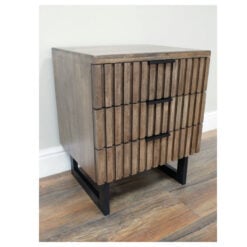 Rustic Industrial Solid Dark Sustainable Rubber Wood And Black Metal 3 Drawer Carved Slatted Bedside Cabinet