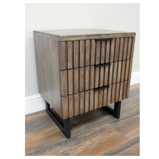 Rustic Industrial Solid Dark Sustainable Rubber Wood And Black Metal 3 Drawer Carved Slatted Bedside Cabinet