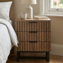 Rustic Industrial Solid Dark Sustainable Rubber Wood And Black Metal 3 Drawer Carved Slatted Bedside Cabinet