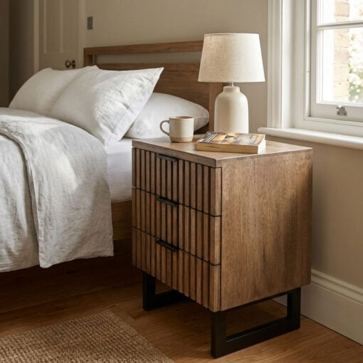 Rustic Industrial Solid Dark Sustainable Rubber Wood And Black Metal 3 Drawer Carved Slatted Bedside Cabinet Rustic Industrial Solid Dark Sustainable Rubber Wood And Black Metal 3 Drawer Carved Slatted Bedside Cabinet