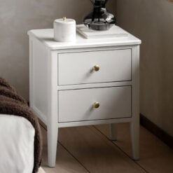 2 Drawer White Wood Bedside Cabinet Side Table With Gold Metal Handles
