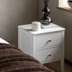 2 Drawer White Wood Bedside Cabinet Side Table With Gold Metal Handles