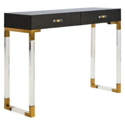 Black Shagreen PU Faux Leather Gold Metal And Transparent Plastic 2 Drawer Console Table Dressing Table Desk