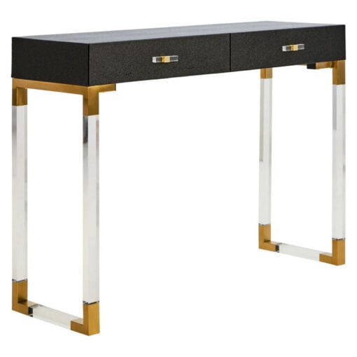 Black Shagreen PU Faux Leather Gold Metal And Transparent Plastic 2 Drawer Console Table Dressing Table Desk Black Shagreen PU Faux Leather Gold Metal And Transparent Plastic 2 Drawer Console Table Dressing Table Desk
