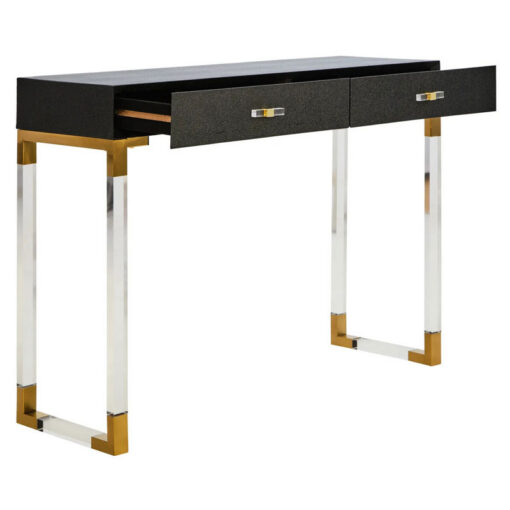 Black Shagreen PU Faux Leather Gold Metal And Transparent Plastic 2 Drawer Console Table Dressing Table Desk Black Shagreen PU Faux Leather Gold Metal And Transparent Plastic 2 Drawer Console Table Dressing Table Desk