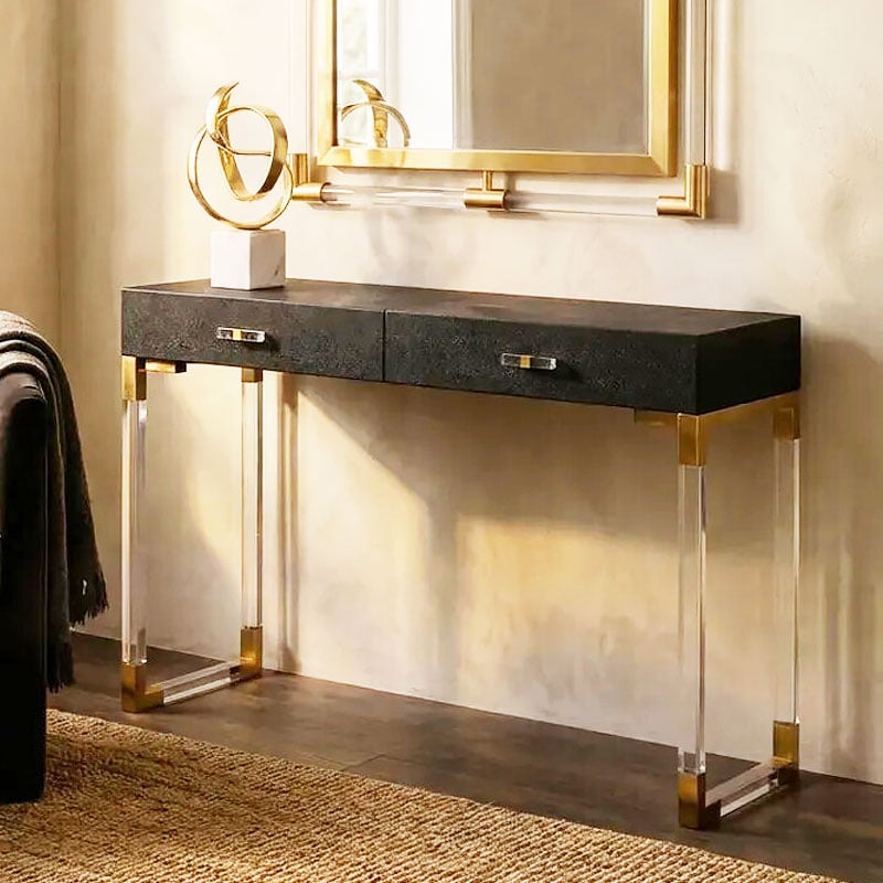Black Shagreen PU Faux Leather Gold Metal And Transparent Plastic 2 Drawer Console Table Dressing Table Desk Black Shagreen PU Faux Leather Gold Metal And Transparent Plastic 2 Drawer Console Table Dressing Table Desk