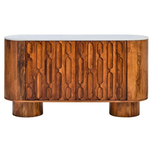 Boho Carved Solid Mango Wood Oblong 2 Door Sideboard With White Marble Top 140cm