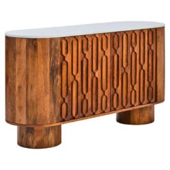 Boho Carved Solid Mango Wood Oblong 2 Door Sideboard With White Marble Top 140cm