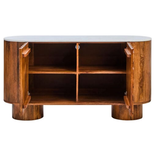 Boho Carved Solid Mango Wood Oblong 2 Door Sideboard With White Marble Top 140cm