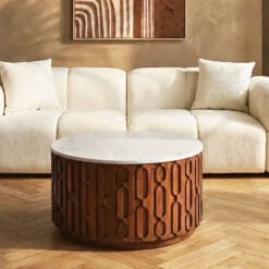 Boho Carved Solid Mango Wood Round Coffee Table With White Marble Top 70cm