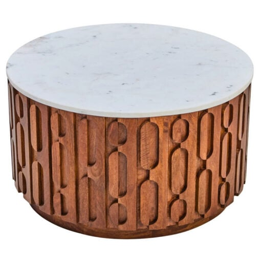 Boho Carved Solid Mango Wood Round Coffee Table With White Marble Top 70cm
