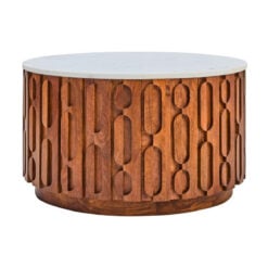 Boho Carved Solid Mango Wood Round Coffee Table With White Marble Top 70cm