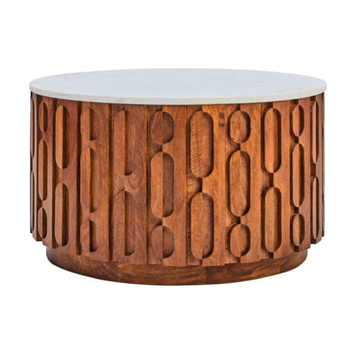 Boho Carved Solid Mango Wood Round Coffee Table With White Marble Top 70cm