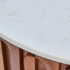 Boho Carved Solid Mango Wood Round Coffee Table With White Marble Top 70cm