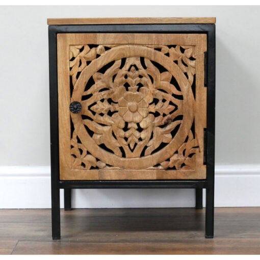 Boho Industrial Rustic Solid Carved Mango Wood Mandala And Black Metal 1 Door Bedside Cabinet Side Table