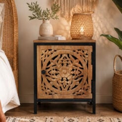 Boho Industrial Rustic Solid Carved Mango Wood Mandala And Black Metal 1 Door Bedside Cabinet Side Table