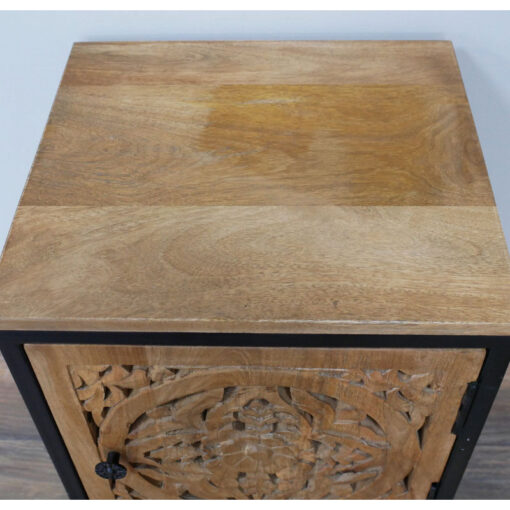 Boho Industrial Rustic Solid Carved Mango Wood Mandala And Black Metal 1 Door Bedside Cabinet Side Table