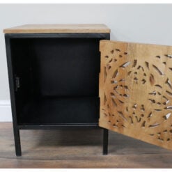 Boho Industrial Rustic Solid Carved Mango Wood Mandala And Black Metal 1 Door Bedside Cabinet Side Table