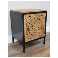 Boho Industrial Rustic Solid Carved Mango Wood Mandala And Black Metal 1 Door Bedside Cabinet Side Table