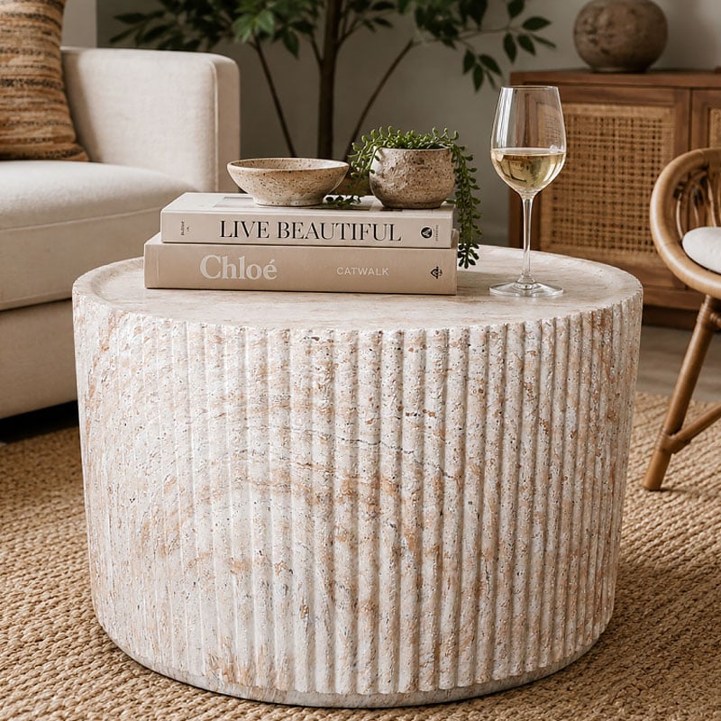 Boho Natural Colour Magnesium Oxide Stone Ribbed Round Coffee Table 60cm Boho Natural Colour Magnesium Oxide Stone Ribbed Round Coffee Table 60cm