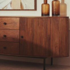 Boho Rustic Large Oval Solid Ribbed Carved Mango Wood 3 Drawer 2 Door Sideboard 188cm