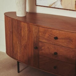 Boho Rustic Large Oval Solid Ribbed Carved Mango Wood 3 Drawer 2 Door Sideboard 188cm
