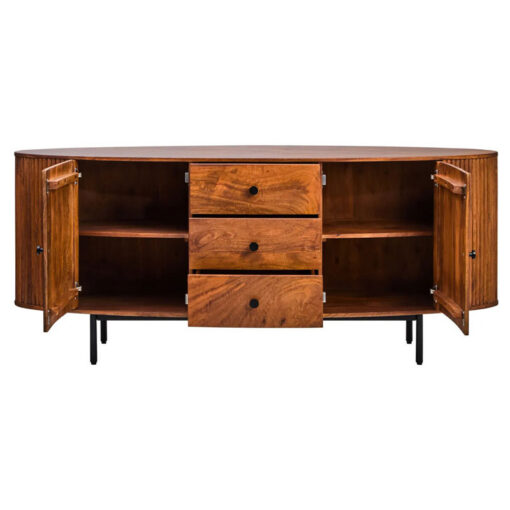 Boho Rustic Large Oval Solid Ribbed Carved Mango Wood 3 Drawer 2 Door Sideboard 188cm