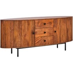 Boho Rustic Large Oval Solid Ribbed Carved Mango Wood 3 Drawer 2 Door Sideboard 188cm