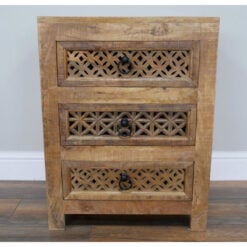 Boho Rustic Solid Light Mango Wood Carved Mandala 3 Drawer Bedside Cabinet Table