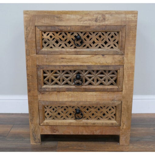 Boho Rustic Solid Light Mango Wood Carved Mandala 3 Drawer Bedside Cabinet Table
