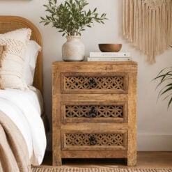 Boho Rustic Solid Light Mango Wood Carved Mandala 3 Drawer Bedside Cabinet Table