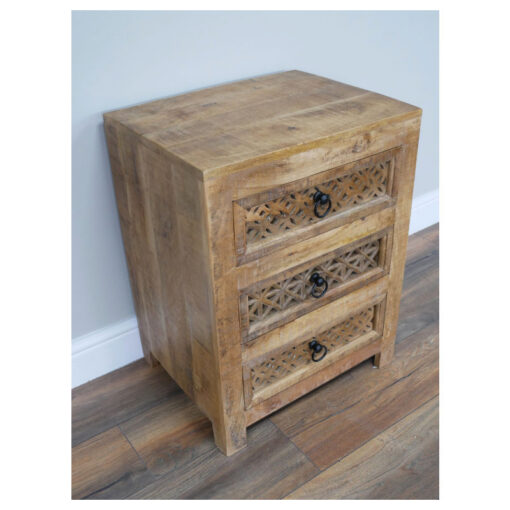 Boho Rustic Solid Light Mango Wood Carved Mandala 3 Drawer Bedside Cabinet Table