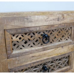 Boho Rustic Solid Light Mango Wood Carved Mandala 3 Drawer Bedside Cabinet Table