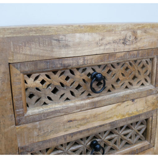Boho Rustic Solid Light Mango Wood Carved Mandala 3 Drawer Bedside Cabinet Table