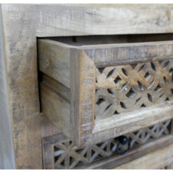 Boho Rustic Solid Light Mango Wood Carved Mandala 3 Drawer Bedside Cabinet Table