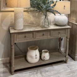 Hamptons Rustic Country Farmhouse 3 Drawer 2 Tier Solid Light Wood Large Console Table With Carved Legs 120cm