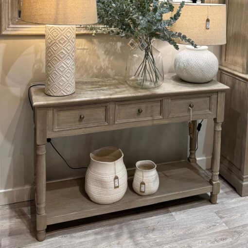 Hamptons Rustic Country Farmhouse 3 Drawer 2 Tier Solid Light Wood Large Console Table With Carved Legs 120cm