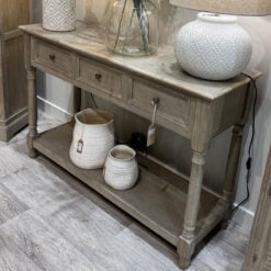 Hamptons Rustic Country Farmhouse 3 Drawer 2 Tier Solid Light Wood Large Console Table With Carved Legs 120cm
