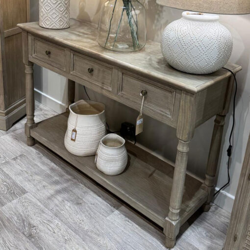 Hamptons Rustic Country Farmhouse 3 Drawer 2 Tier Solid Light Wood Large Console Table With Carved Legs 120cm