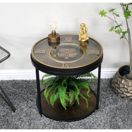 Industrial Antique Gold And Black Metal Round 2 Tier Moving Gears Clock Side Table