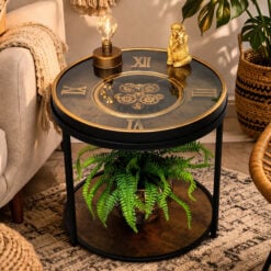 Industrial Antique Gold And Black Metal Round 2 Tier Moving Gears Clock Side Table