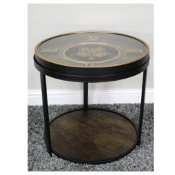 Industrial Antique Gold And Black Metal Round 2 Tier Moving Gears Clock Side Table
