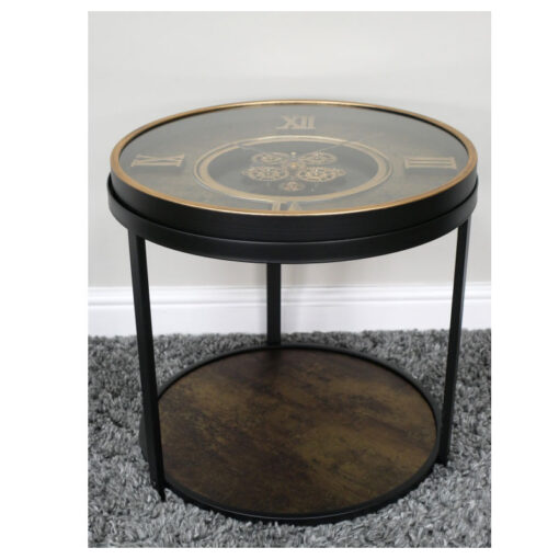 Industrial Antique Gold And Black Metal Round 2 Tier Moving Gears Clock Side Table