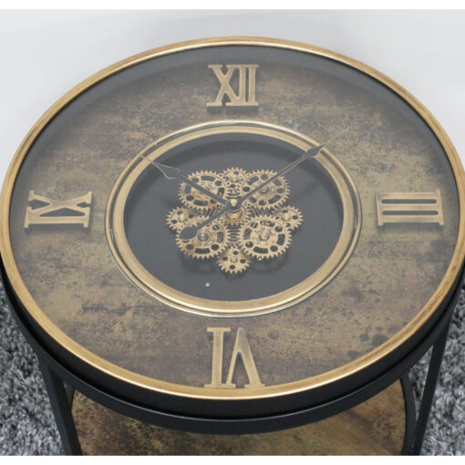 Industrial Antique Gold And Black Metal Round 2 Tier Moving Gears Clock Side Table