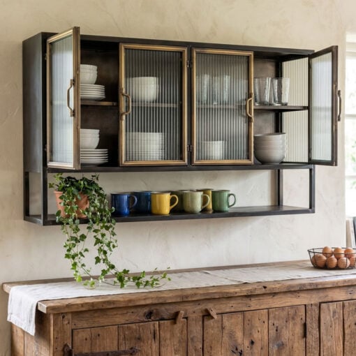 Industrial Black And Antique Gold Metal And Ribbed Glass Kitchen Storage Wall Cabinet 120cm Industrial Black And Antique Gold Metal And Ribbed Glass Kitchen Storage Wall Cabinet 120cm